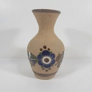 Vintage Mexican‎ Tonala Sandstone Stoneware Pottery Hand Painted 7" Vase Signed
